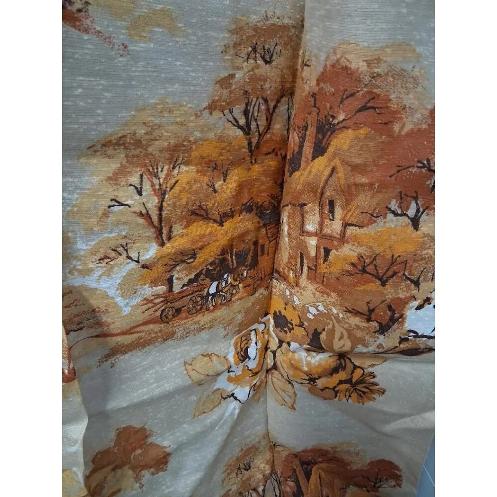 Two Vintage Autumn Landscape Curtain Panels With Cottage & Horse-Drawn Carriage